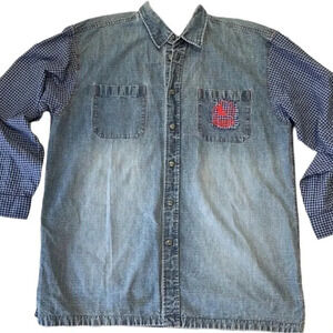 Mecca Denim shirt VINTAGE Checkered sleeves Men’s size XXL Western Rugged